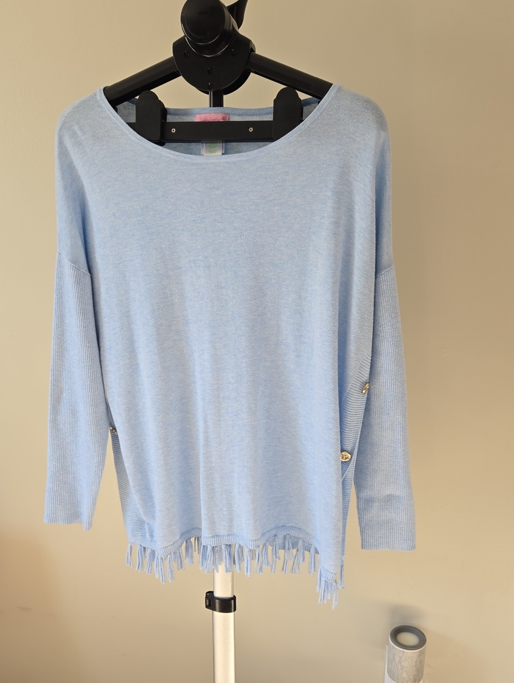 Light Blue Fringe Hem Long Sleeve Women's Top